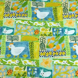 Cartoon style Cat and chicken in green tone Cotton Fabric for clothing, bag and home accessories, Dogs Fabric by Half Meter