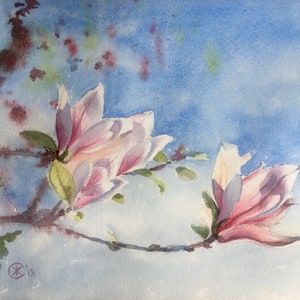 Elegant Original Magnolia Watercolor Painting, Hand-painted Magnolia Blossom Watercolor, Magnolia Wall Art, vibrant floral decor