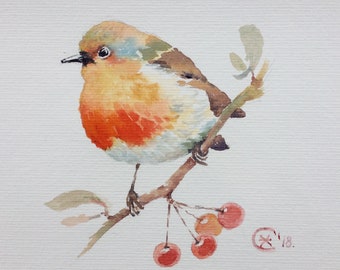 Rotkehlchen Aquarell, Handgemaltes Rotkehlchen Aquarell, Rotkehlchen, süßes Vogeldekor, Geschenk für Vogelliebhaber.