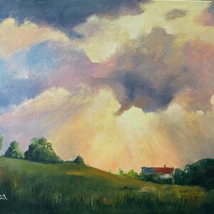 Late Summer Evening Painting, Tranquil Landscape Artwork, Vibrant Late Summer Evening Paintings for Home Decor, Nightfall Oil Painting