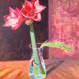 Amaryllis Flower Painting, Red Amaryllis Flower, Amaryllis in Vase, original amaryllis acrylic painting, Amaryllis Wall Art
