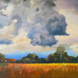 Coming Thunderstorm Oil Painting for Home Decor, Atmospheric Oil Painting of a Coming Thunderstorm, large cloud painting