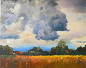 Coming Thunderstorm Oil Painting for Home Decor, Atmospheric Oil Painting of a Coming Thunderstorm, large cloud painting