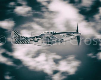 P-51 Mustang, Aircraft, Photograph, Black and White, Airplane Decor, Military, vintage, Aviation, Plane, gift, P-51, flight