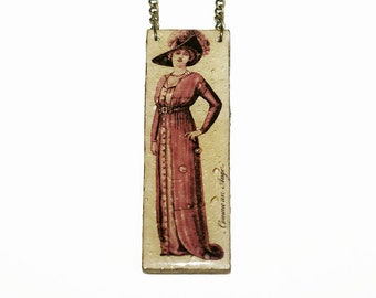 Vintage style necklace, image of Illustrated Fashions, 1800s, fimo paste and resin, gold leaf, bronze-coloured metal, unique piece