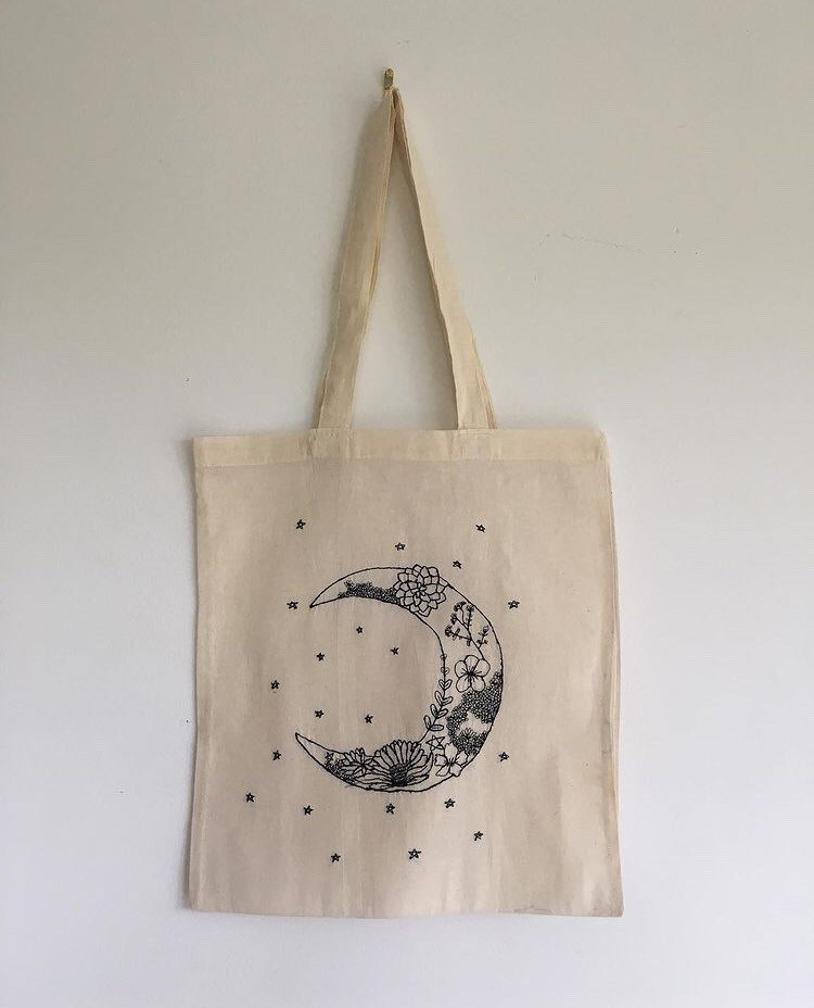 Floral Crescent Moon Tote Shopper Reusable Shopping Bag Two Handle Large Shopping Eco Friendly Witch Witchy Vibes Aesthetic Goth Gothic