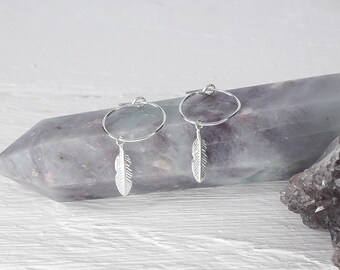 FEATHER HOOPS | sterling silver hoop earrings | feather charm hoop earrings | minimalist earrings | small feather hoops | gifts for her |