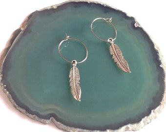 Silver tone feather hoop earrings - 50% of profit to charity