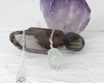 SEA GLASS NECKLACE | sterling silver necklace | sterling silver wire wrapped pale green sea glass pendant | green beach glass necklace |