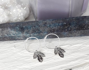 MAPLE LEAF HOOPS | sterling silver hoop earrings | autumn leaf charm hoop earrings | minimalist earrings | small hoops | gifts for her |