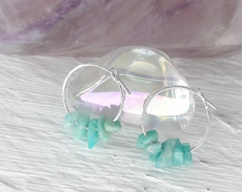 TURQUOISE AMAZONITE HOOPS | sterling silver hoop earrings | amazonite crystal chip hoop earrings | amazonite gemstone chip hoop earrings |