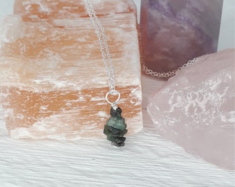 EMERALD NECKLACE | sterling silver necklace | crystal pendant | raw emerald gemstone chip pendant | raw emerald necklace | may birthstone |