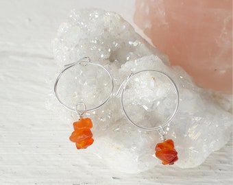 CARNELIAN HOOPS | sterling silver hoop earrings | carnelian crystal hoop earrings | carnelian gemstone chip hoop earrings | gifts for her |