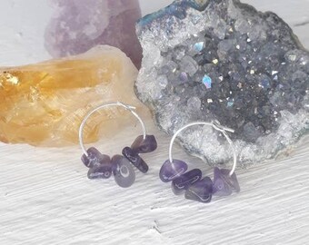 AMETHYST HOOPS | sterling silver hoop earrings | amethyst crystal chip hoop earrings | gemstone chip hoop earrings | february birthstone |