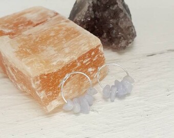 LACE AGATE HOOPS | sterling silver hoop earrings | blue lace agate crystal hoop earrings | gemstone chip hoop earrings | gifts for her |