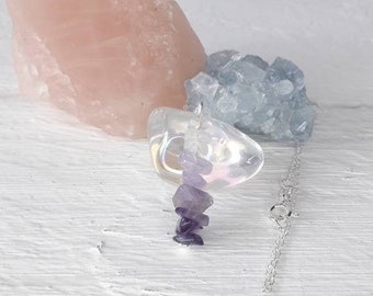 QUARTZ & AMETHYST NECKLACE | sterling silver necklace | amethyst crystal pendant | quartz gemstone chip pendant | february birthstone |