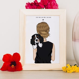 May include: A framed illustration of a woman with brown hair holding a black and white dog. The text "Ever thine, ever mine, ever ours." is printed on the white background.