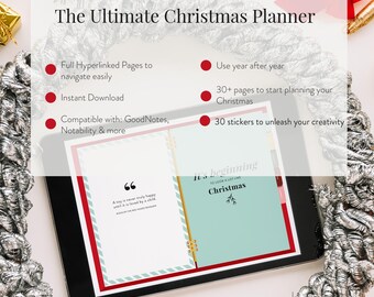 Puede incluir: Un planificador de Navidad digital que se muestra en una tableta, rodeado de una guirnalda plateada y decoraciones festivas. El planificador presenta el texto "The Ultimate Christmas Planner" e incluye páginas con hipervínculos, descarga instantánea y compatibilidad con GoodNotes.