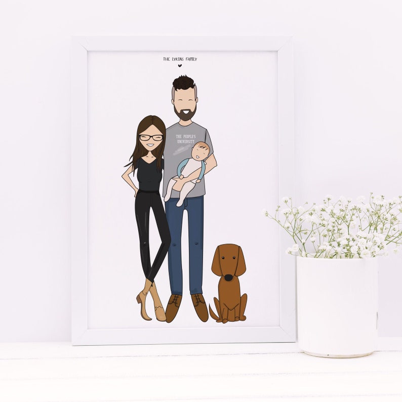 A high quality personalized hand drawn family portrait. The artwork displays a happy and funny family in a unique style. Above the illustration a custom text.