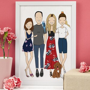 A high quality personalized hand drawn family portrait along with their pets. The artwork displays a happy and funny family in a unique and original style. Above the illustration a custom text.