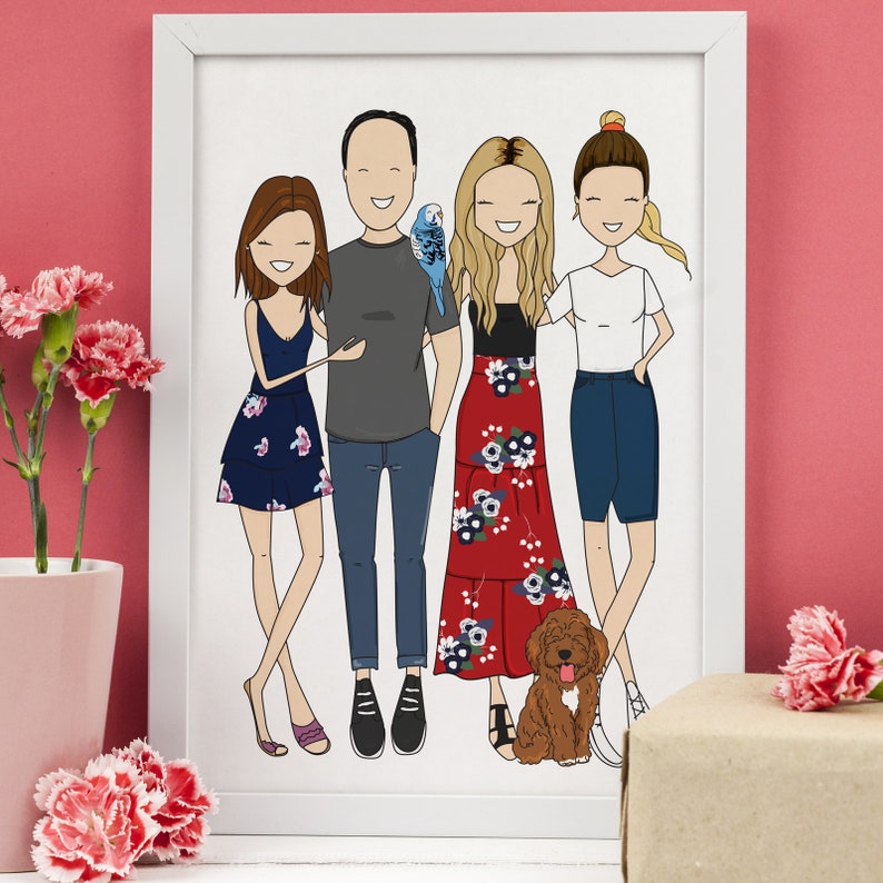 A high quality personalized hand drawn family portrait along with their pets. The artwork displays a happy and funny family in a unique and original style. Above the illustration a custom text.