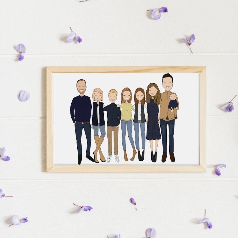 A high quality personalized hand drawn family portrait. The artwork displays a happy and funny family in a unique and original style. Above the illustration a custom text.