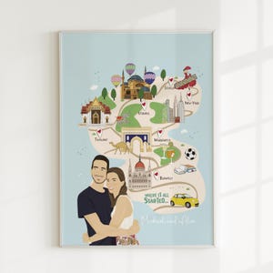 Illustration personnalisée de carte d'histoire d'amour - cadeau de mariage et d'anniversaire personnalisé - art mural souvenir de couple unique
