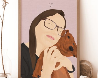 Custom Pet and Owner Faceless Portrait - Personalised Minimalist Pet and Owner Print - Best Friend Personalized Gift