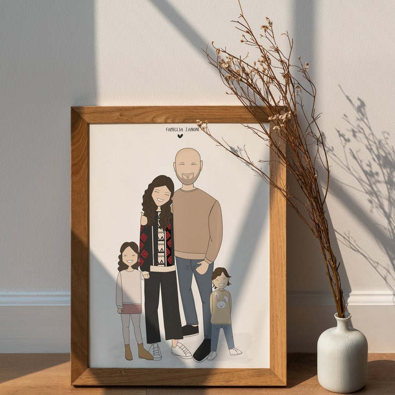 A high quality personalized hand drawn family portrait. The artwork displays a happy and funny family in a unique style. Above the illustration a custom text.