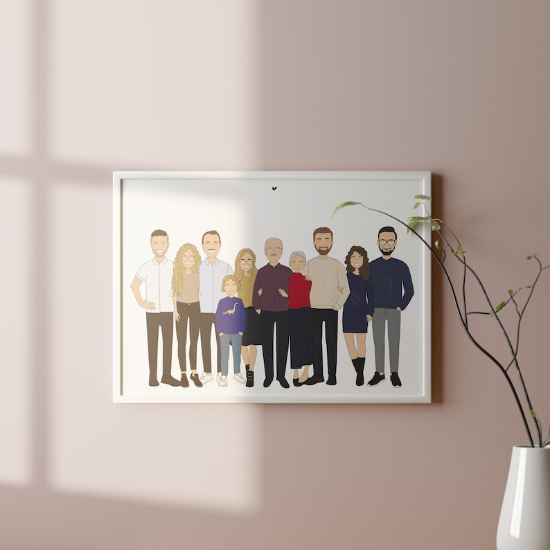 A high quality personalized hand drawn family portrait. The artwork displays a happy and funny family in a unique style.