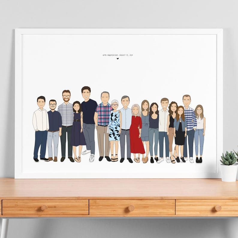 A high quality personalized hand drawn family portrait. The artwork displays a happy and funny family in a unique style.
