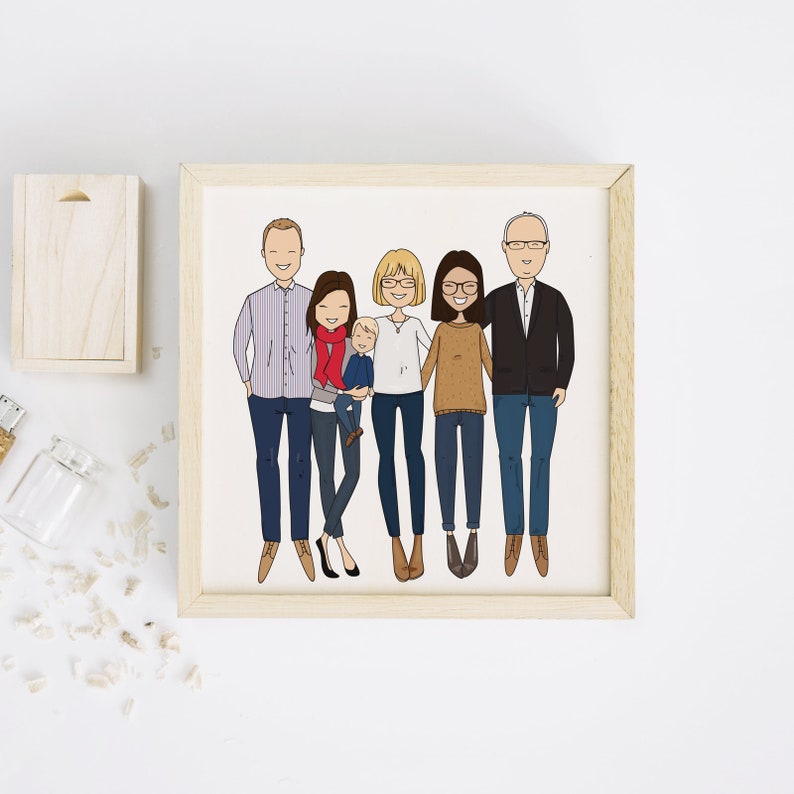 A high quality personalized hand drawn family portrait. The artwork displays a happy and funny family in a unique and original style. Above the illustration a custom text.