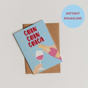 Cartão de aniversário para impressão Chin Chin Chica – Saudação de aniversário exclusiva, download instantâneo, convite de festa divertido e colorido