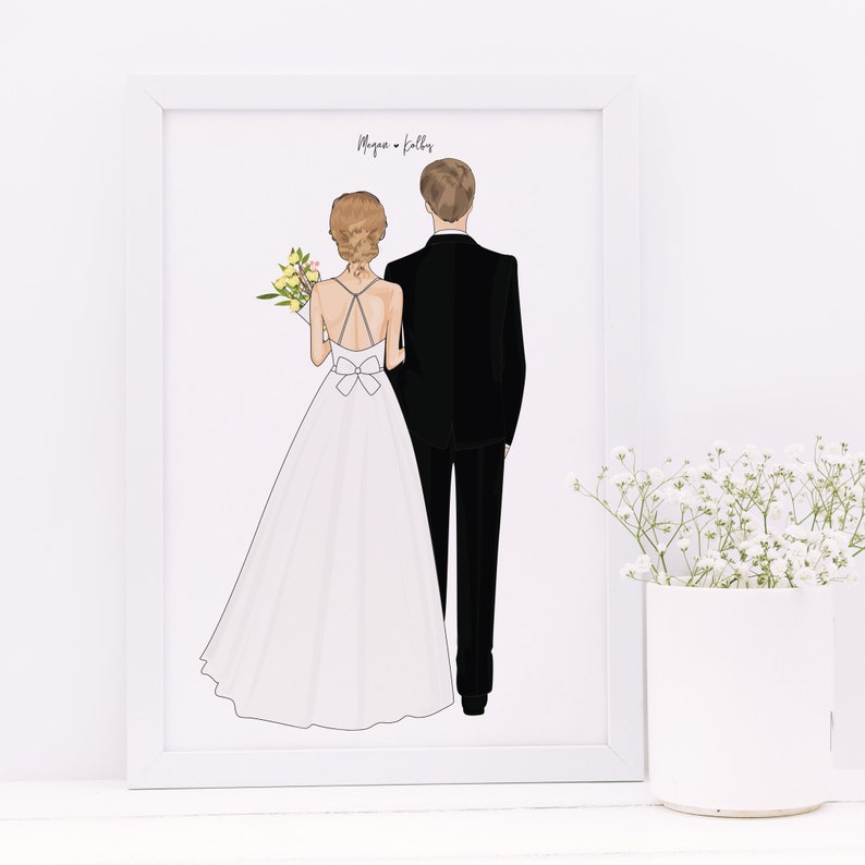 It's a Personalized portrait, hand-drawn, of a newly wed couple depicted from the back. The bride and groom are next to each other and on the top of illustration a modern script with their names: an original wedding present for a just married couple.