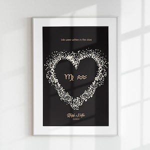 Couple personnalisé d’astrologie de signe du zodiaque dessiné à la main - Carte des étoiles personnalisée - Cadeau personnalisé de couple - Cadeau d’anniversaire de dernière minute