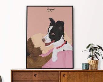 Original Personalised Pet and Owner Portrait - Custom Pet Art Print Portrait - Personalized Gift for Pet Owner