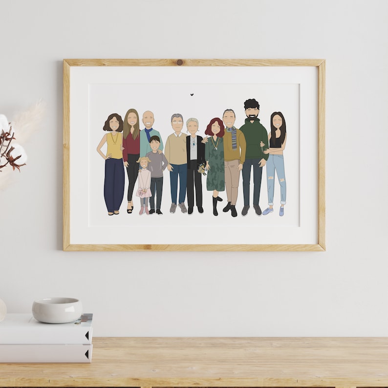 A high quality personalized hand drawn family portrait. The artwork displays a happy and funny family in a unique style.