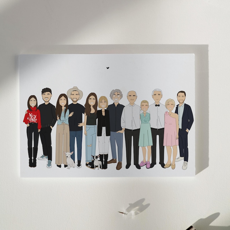 Personalized family portrait illustration with parents, children and pets standing together, custom cartoon style print made from photos, minimalist modern family artwork, meaningful home decor gift for family, grandparents or special occasions, digital download or printed wall art.