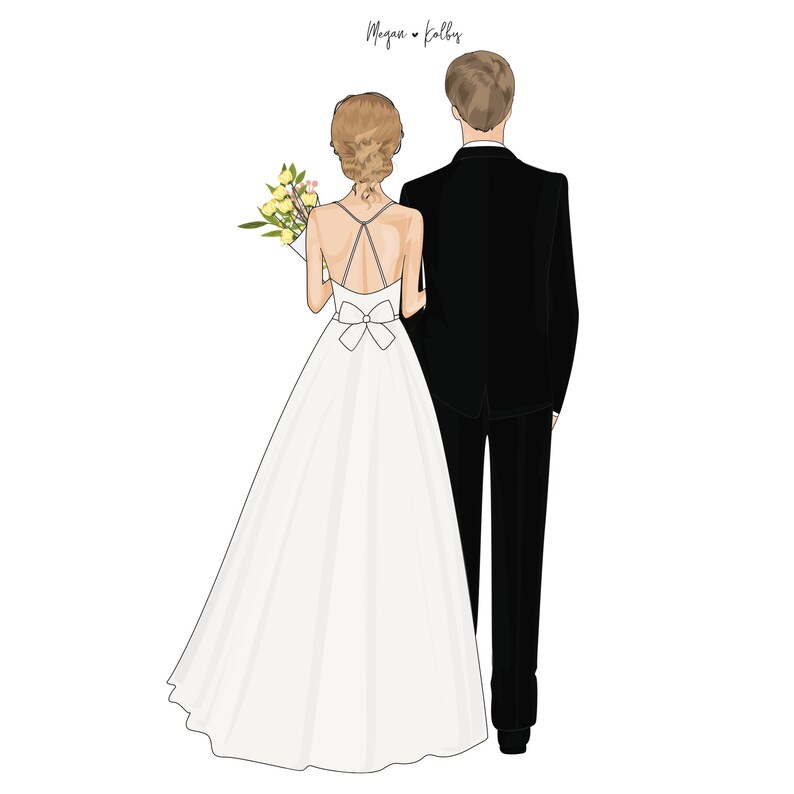 It's a Personalized portrait, hand-drawn, of a newly wed couple depicted from the back. The bride and groom are next to each other and on the top of illustration a modern script with their names: an original wedding present for a just married couple.
