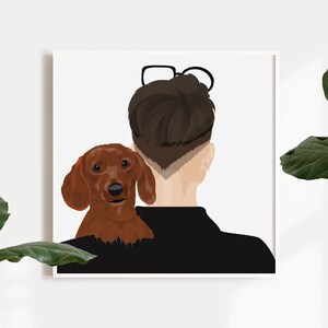 May include: A person with short brown hair and glasses is wearing a black shirt. A brown dachshund is sitting on their shoulder, looking at the camera.