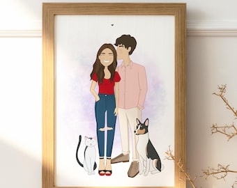 Personalized Couple Portrait Hand Drawn Illustration
