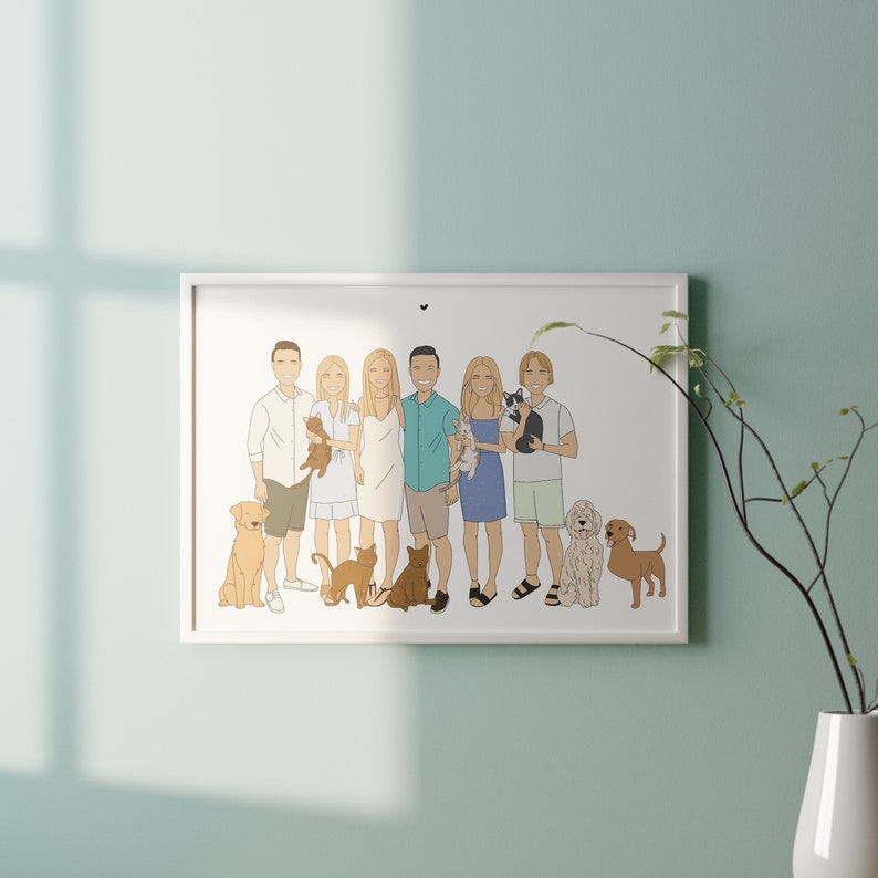 A high quality personalized hand drawn family portrait with their pets. The artwork displays a happy and funny family in a unique style.