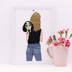 May include: A digital illustration of a woman with long blonde hair wearing a black tank top and blue jeans. She is holding a black and white dog with brown spots on its back.