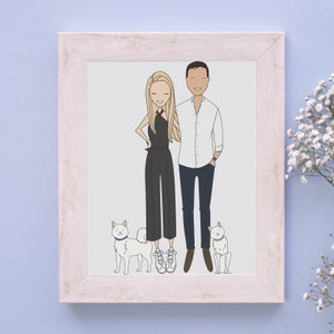 A high quality personalized hand drawn family portrait. The artwork displays a happy and funny family in a unique and original style. Above the illustration a custom text.