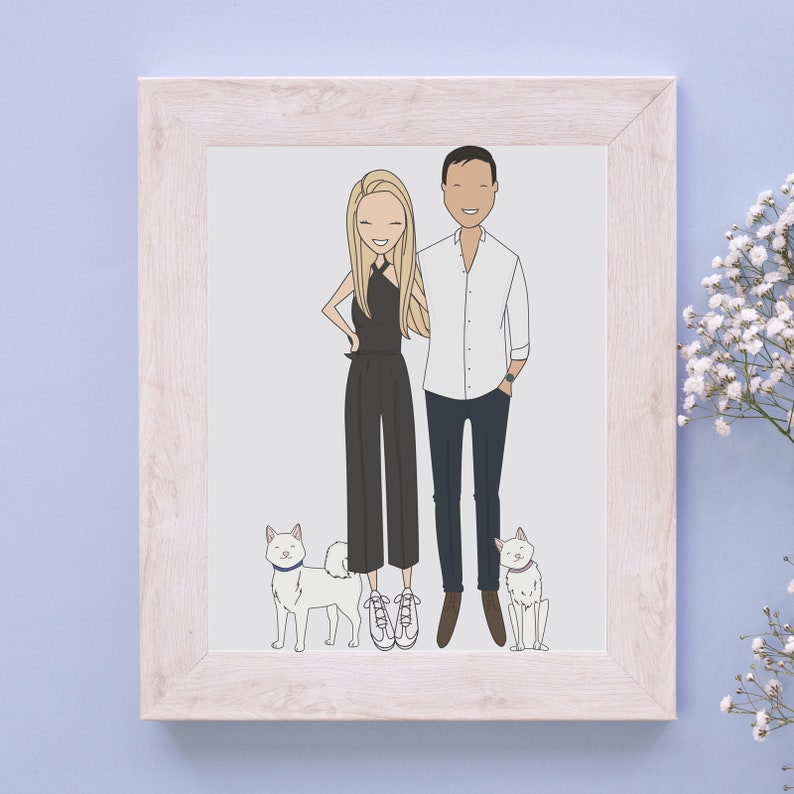 A high quality personalized hand drawn family portrait. The artwork displays a happy and funny family in a unique and original style. Above the illustration a custom text.
