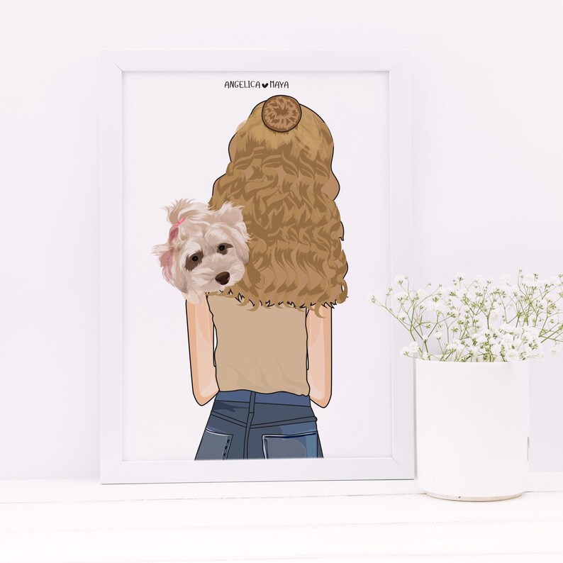 May include: A digital illustration of a woman with long brown hair and a small dog peeking out from behind her. The woman is wearing a tan tank top and blue jeans. The text "ANGELICA &hearts; MAYA" is at the top of the image.