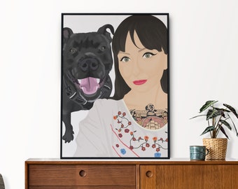 Custom Pet Portrait - Personalized Pet & Owner Art Print, Unique Pet Lover Gift, Hand-Drawn Pet Illustration, Customizable Pet Drawing