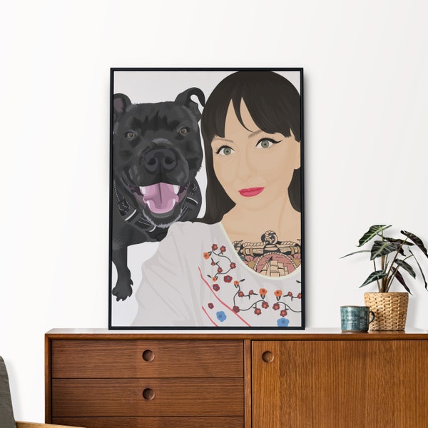 Origineel gepersonaliseerd huisdier en eigenaar portret - Custom Pet Art Print Portrait - Pet Lover Gepersonaliseerde Gift