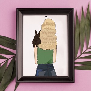 May include: A digital illustration of a woman with long blonde hair holding a brown rabbit. She is wearing a green shirt and blue jeans.