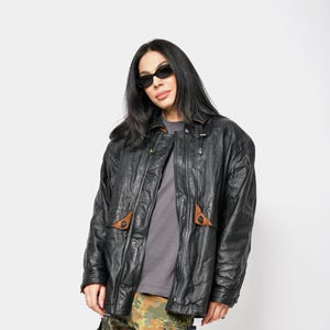 Vintage 80's leather black jacket women's | Retro 90s leather parka coat outerwear for her | Old School 1990s 1980s clothing | XL size
